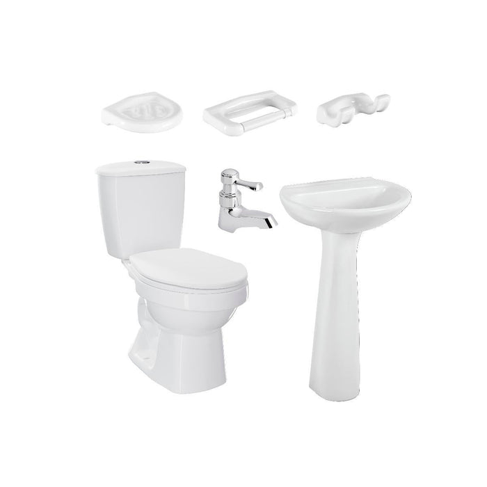 Combo sanitario, lavamanos con pedestal, grifería y accesorios marca corona