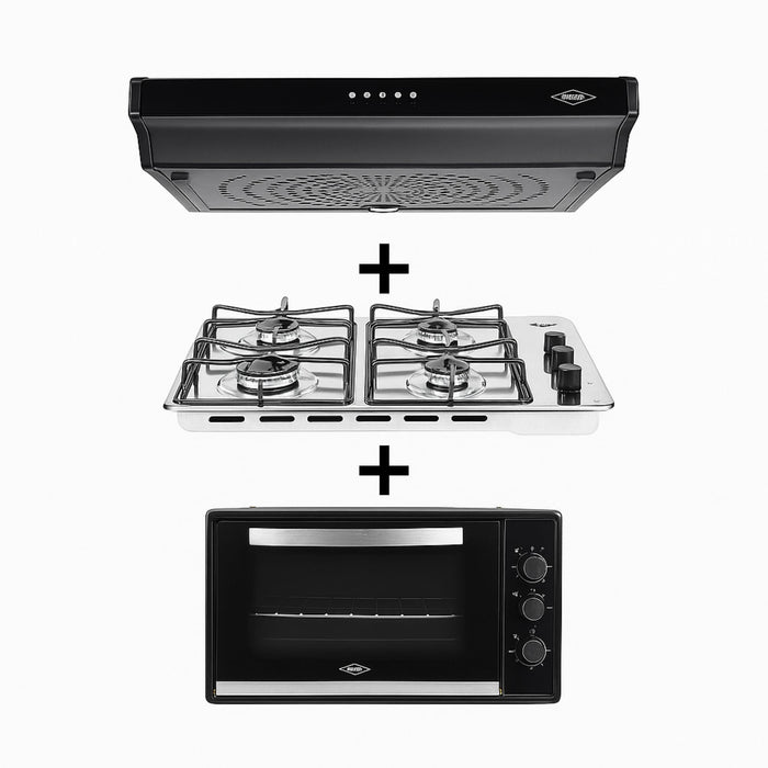 Combo horno eléctrico Medio Formato Negro 120V + Estufa de empotrar Haceb inox 60x43 cm a gas natural + Campana Kala Negra 60 cm 3 Velocidades marca Haceb