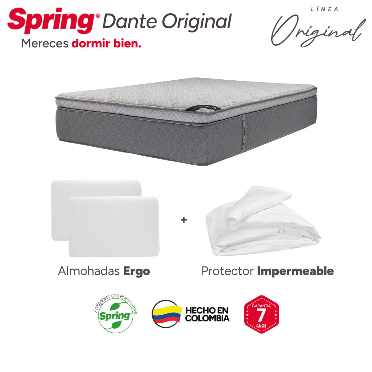 Combo colchón spring  dante original king 200x200 cm + almohadas ergo