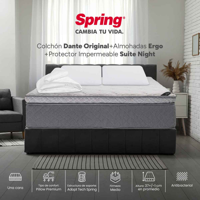 Combo colchón spring  dante original king 200x200 cm + almohadas ergo