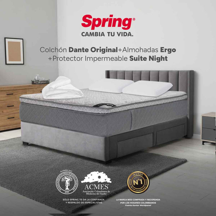 Combo colchón spring  dante original king 200x200 cm + almohadas ergo