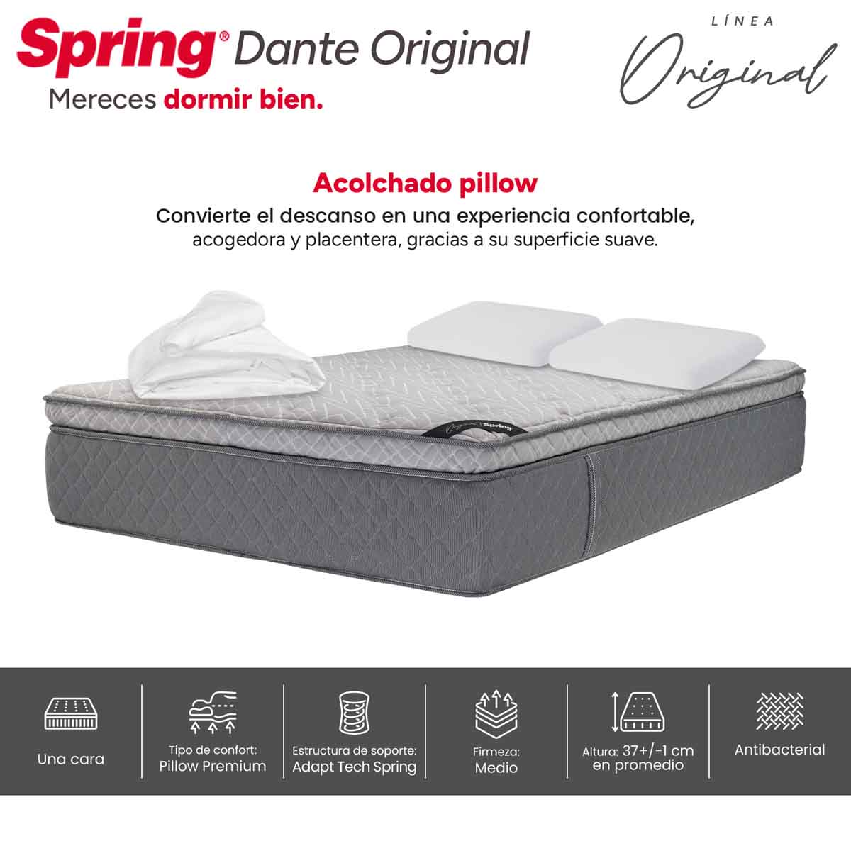 Combo colchón spring  dante original king 200x200 cm + almohadas ergo