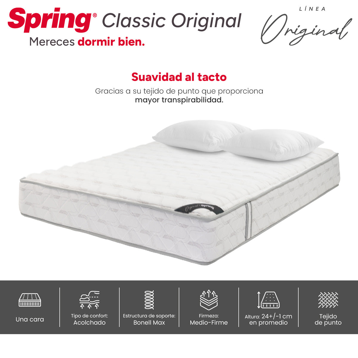 Combo colchón spring classic original doble 140x190 cm + set almohada siliconada.
