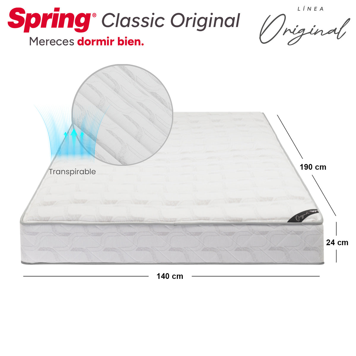 Combo colchón spring classic original doble 140x190 cm + set almohada siliconada.