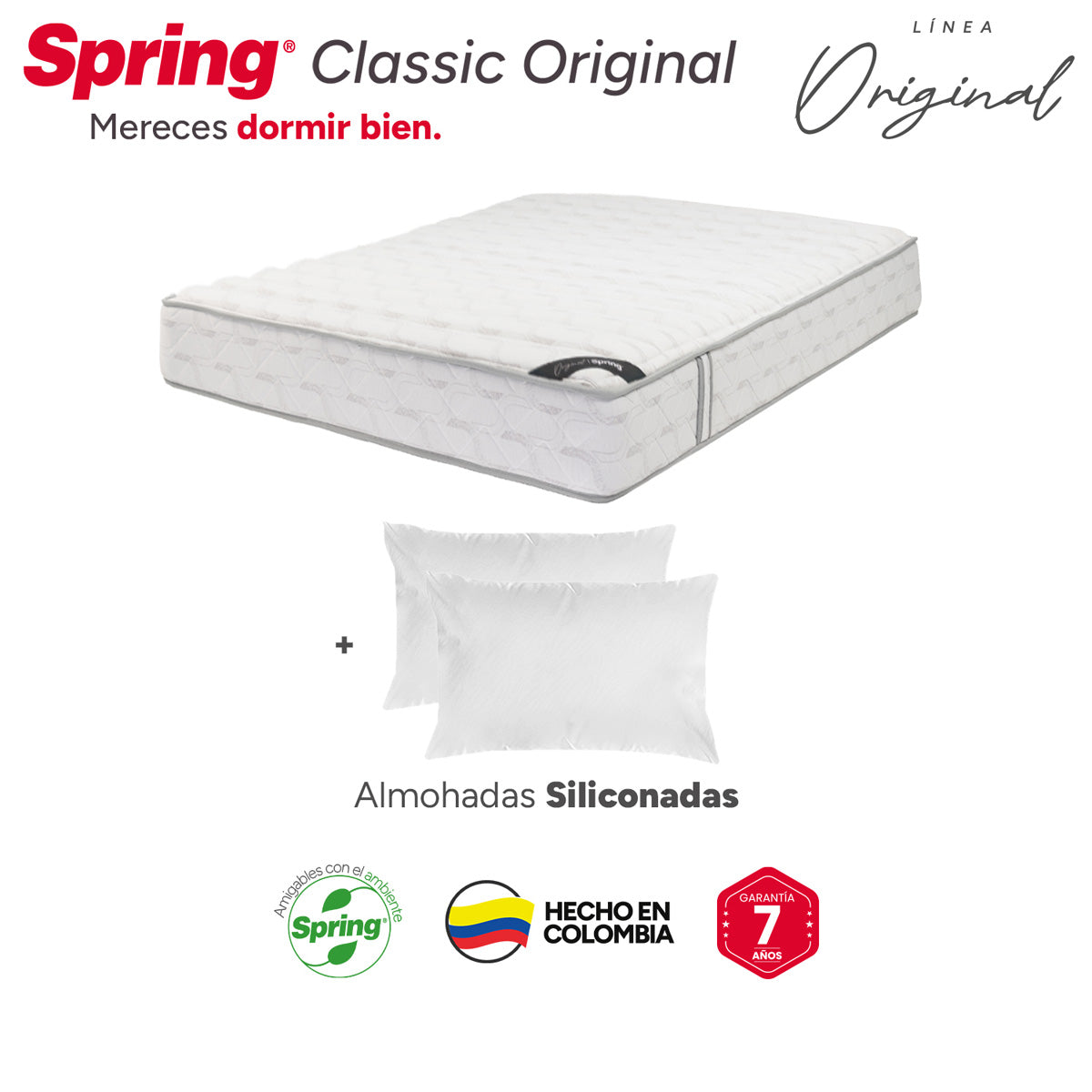Combo colchón spring classic original doble 140x190 cm + set almohada siliconada.