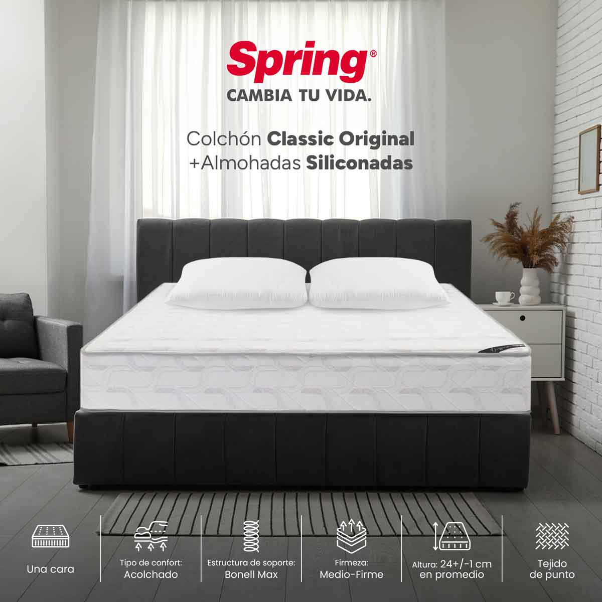 Combo colchón spring classic original doble 140x190 cm + set almohada siliconada.