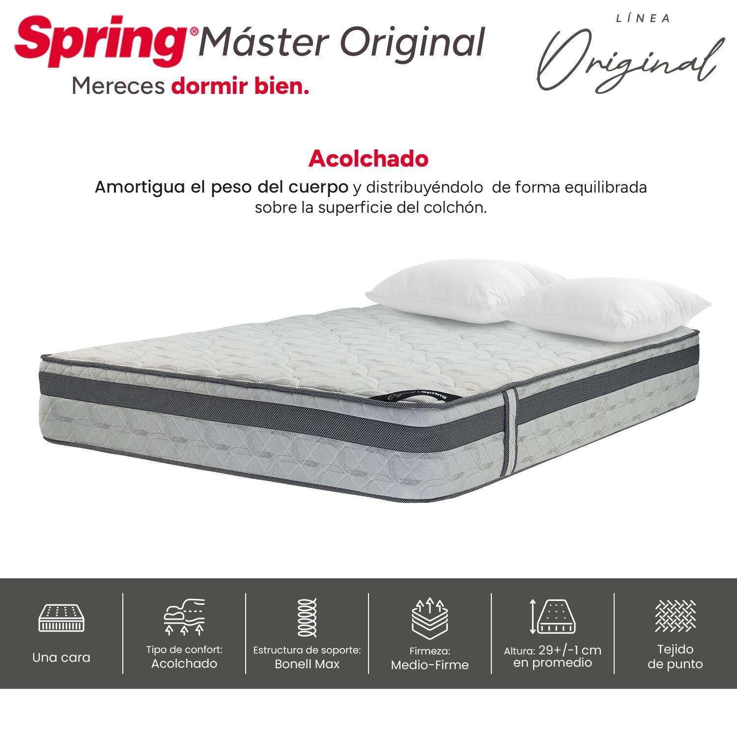 Combo colchón spring  master original king 200x200 cm +  set almohada siliconada