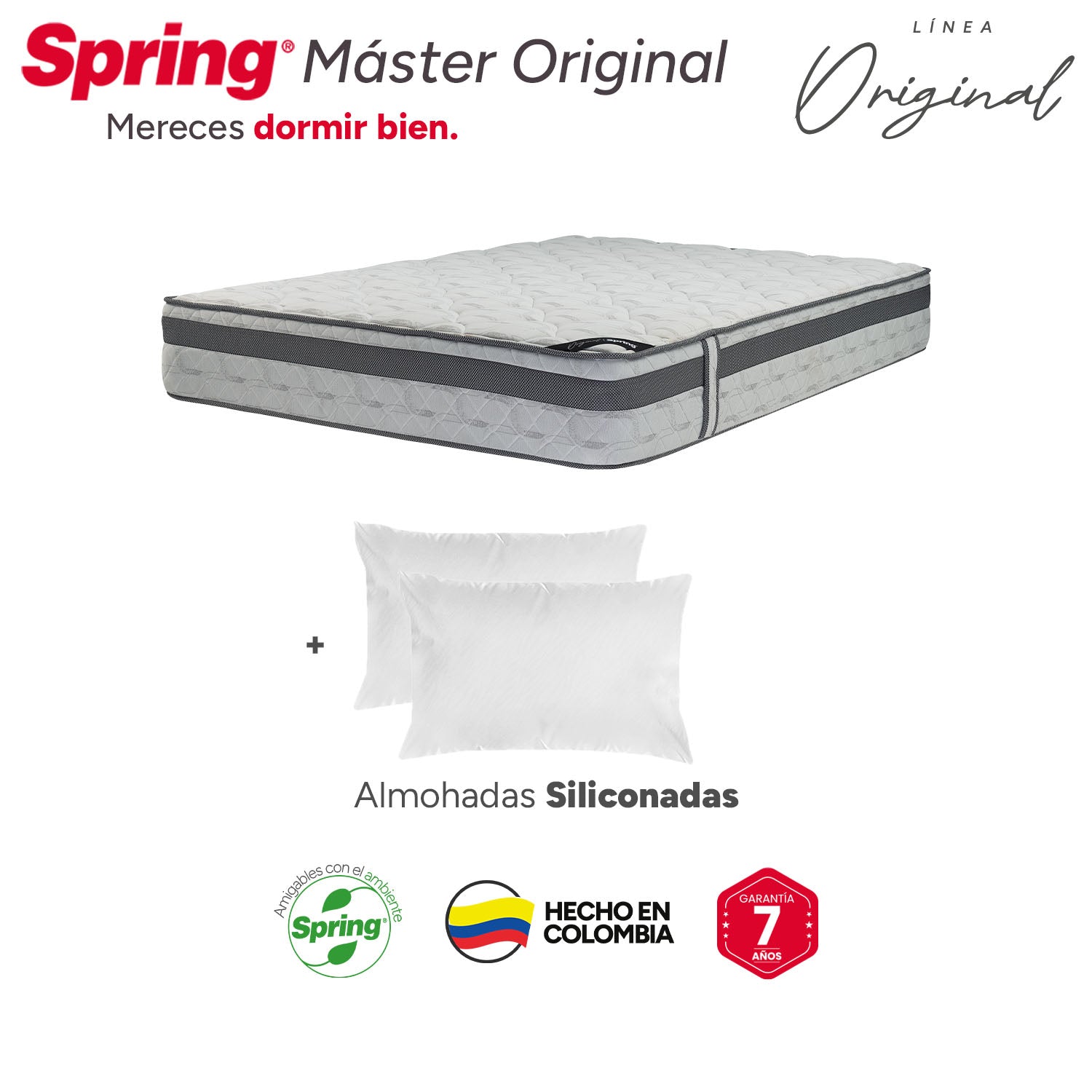 Combo colchón spring  master original king 200x200 cm +  set almohada siliconada