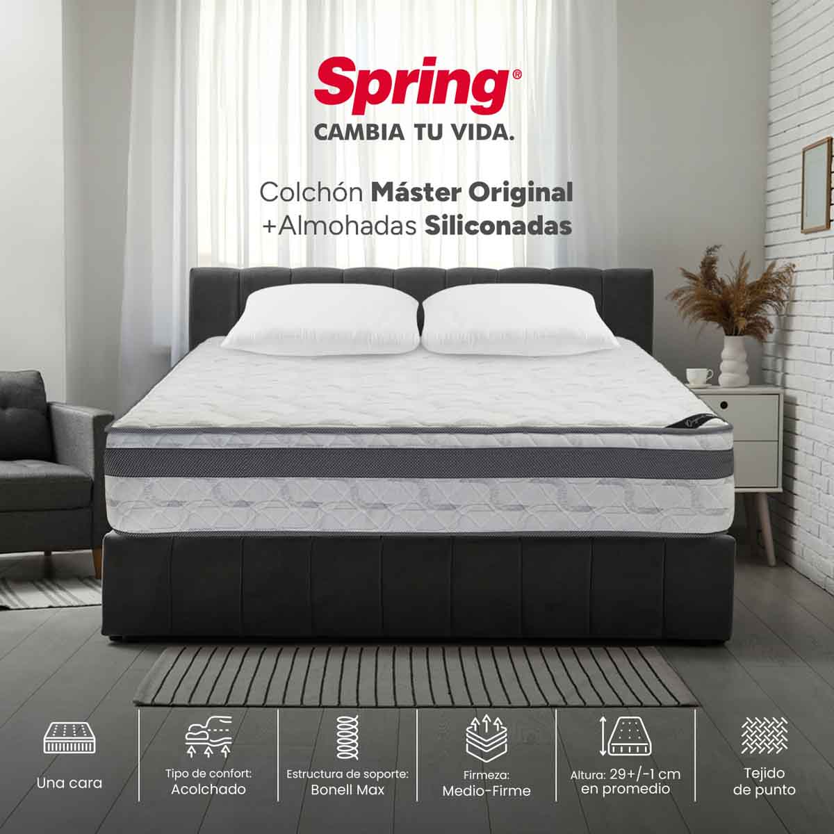 Combo colchón spring  master original king 200x200 cm +  set almohada siliconada