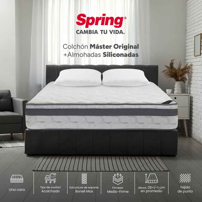 Combo colchón spring  master original king 200x200 cm +  set almohada siliconada