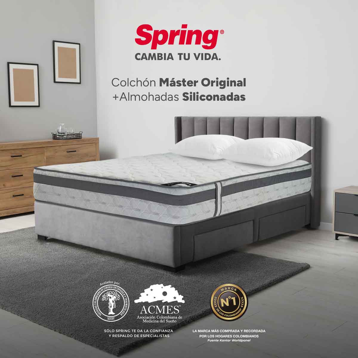 Combo colchón spring  master original king 200x200 cm +  set almohada siliconada