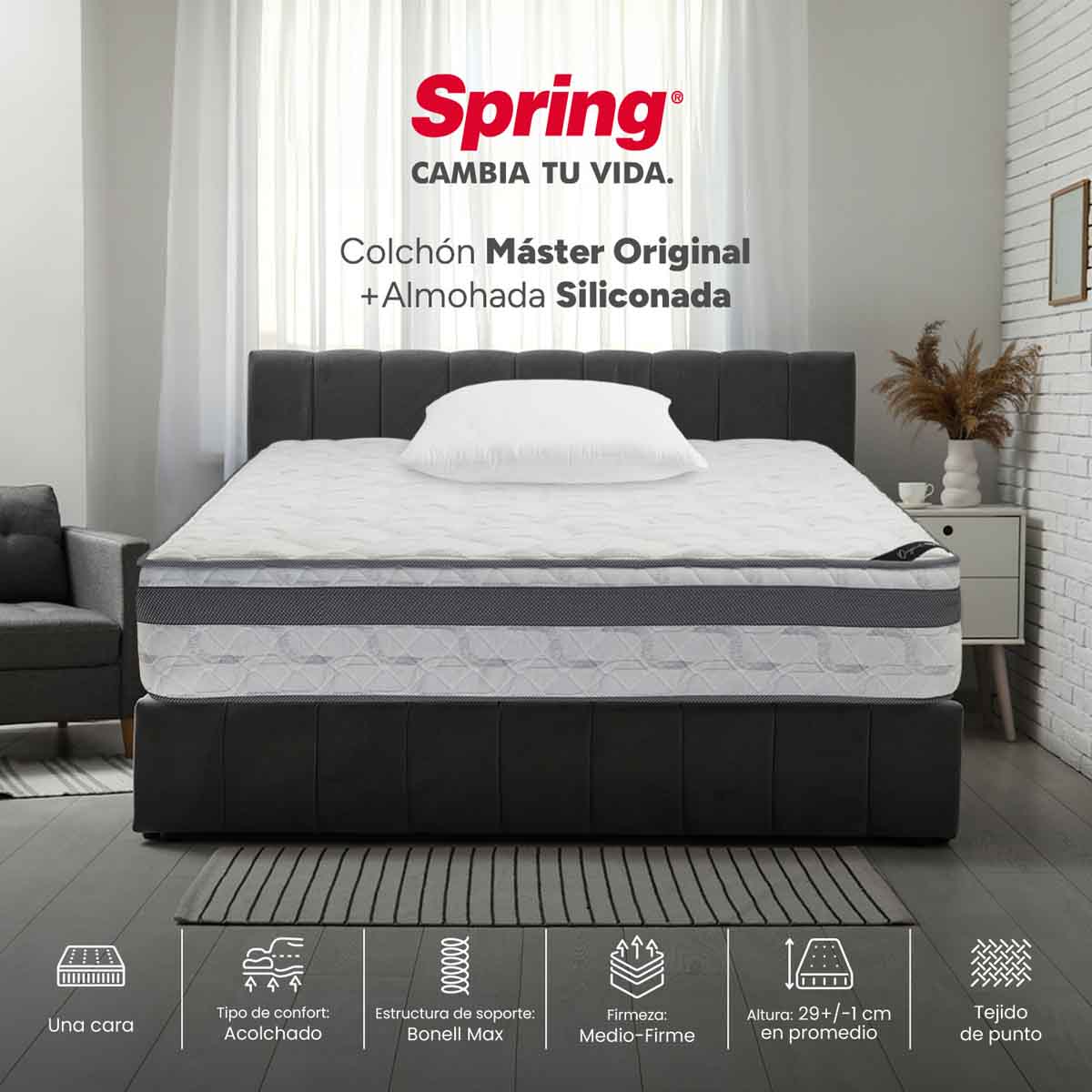 Combo colchón spring  master original semidoble 120x190 cm +  set almohada siliconada
