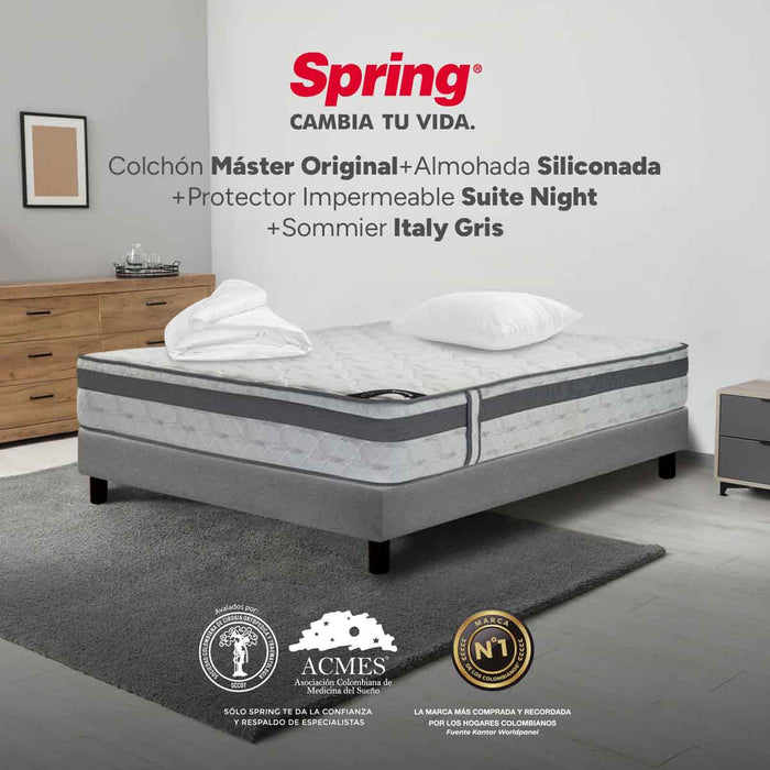 Combo colchon spring master original-100x190 + sommier italy gris + set x 2 almohadas siliconadas + protector
