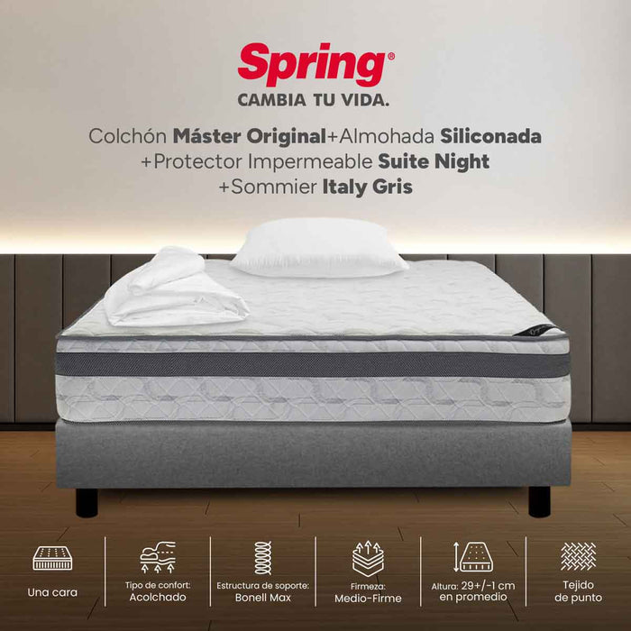 Combo colchon spring master original-100x190 + sommier italy gris + set x 2 almohadas siliconadas + protector