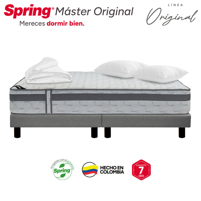 Combo colchon spring master original-140x190 + sommier  italy gris + set x 2 almohadas siliconadas + protector