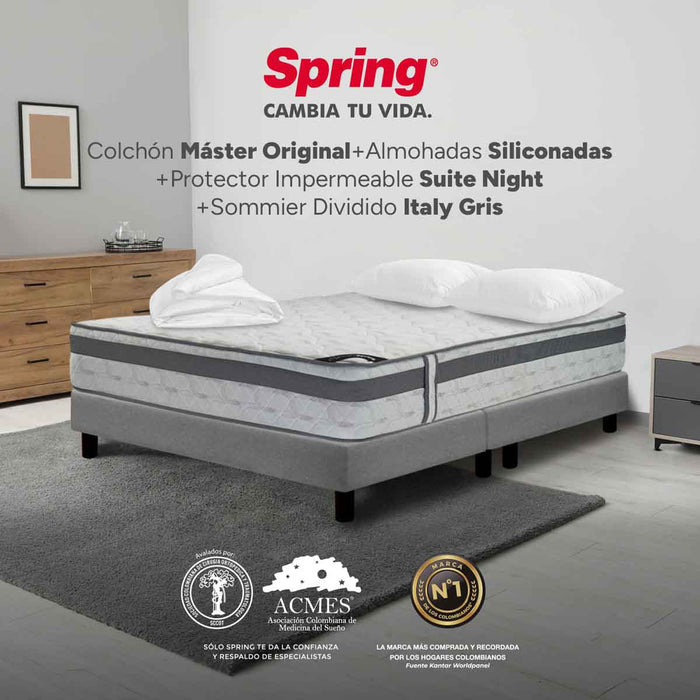 Combo colchon spring master original-140x190 + sommier  italy gris + set x 2 almohadas siliconadas + protector