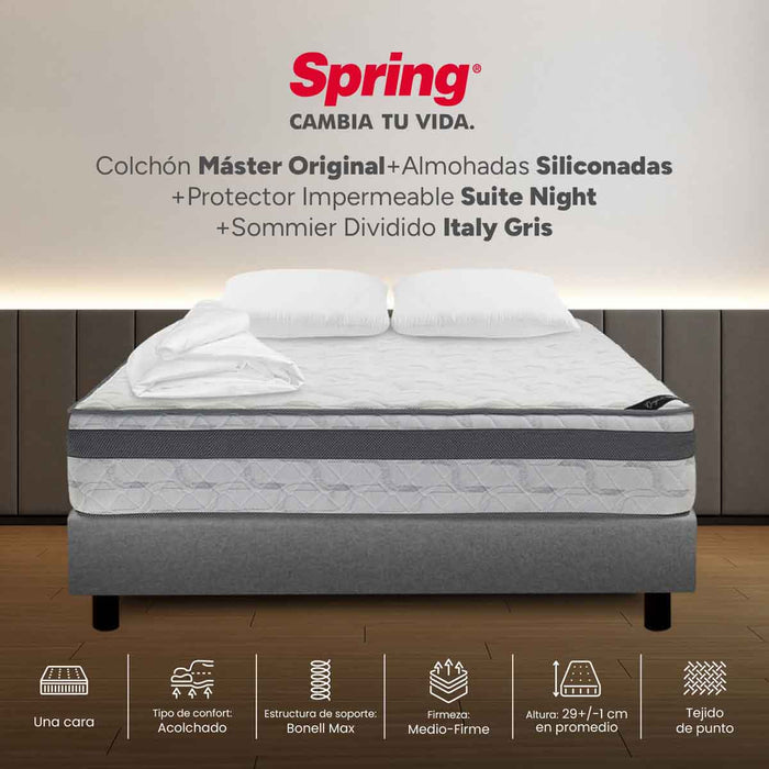 Combo colchon spring master original-140x190 + sommier  italy gris + set x 2 almohadas siliconadas + protector