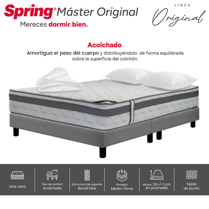 Combo colchon spring master original-140x190 + sommier  italy gris + set x 2 almohadas siliconadas + protector