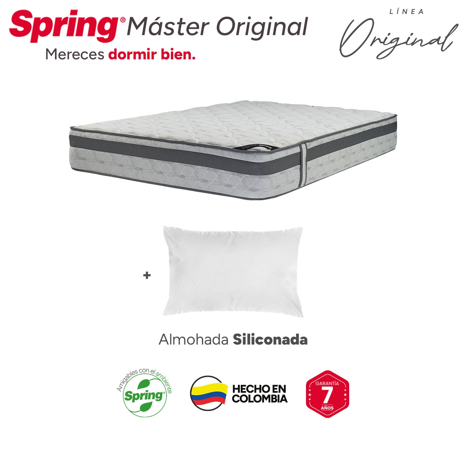 Combo colchón spring  master original queen 160x190 cm +  set almohada siliconada