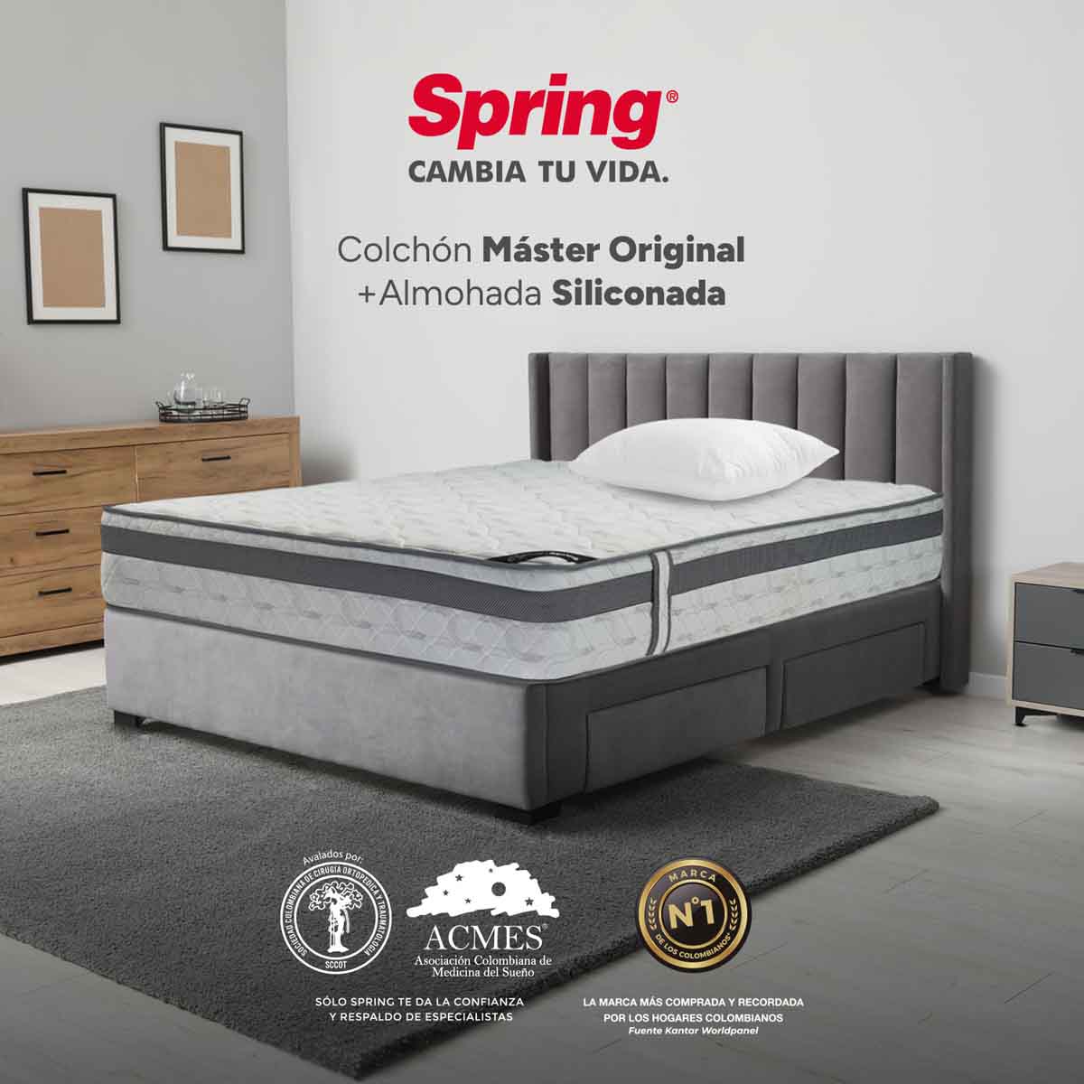 Combo colchón spring  master original queen 160x190 cm +  set almohada siliconada