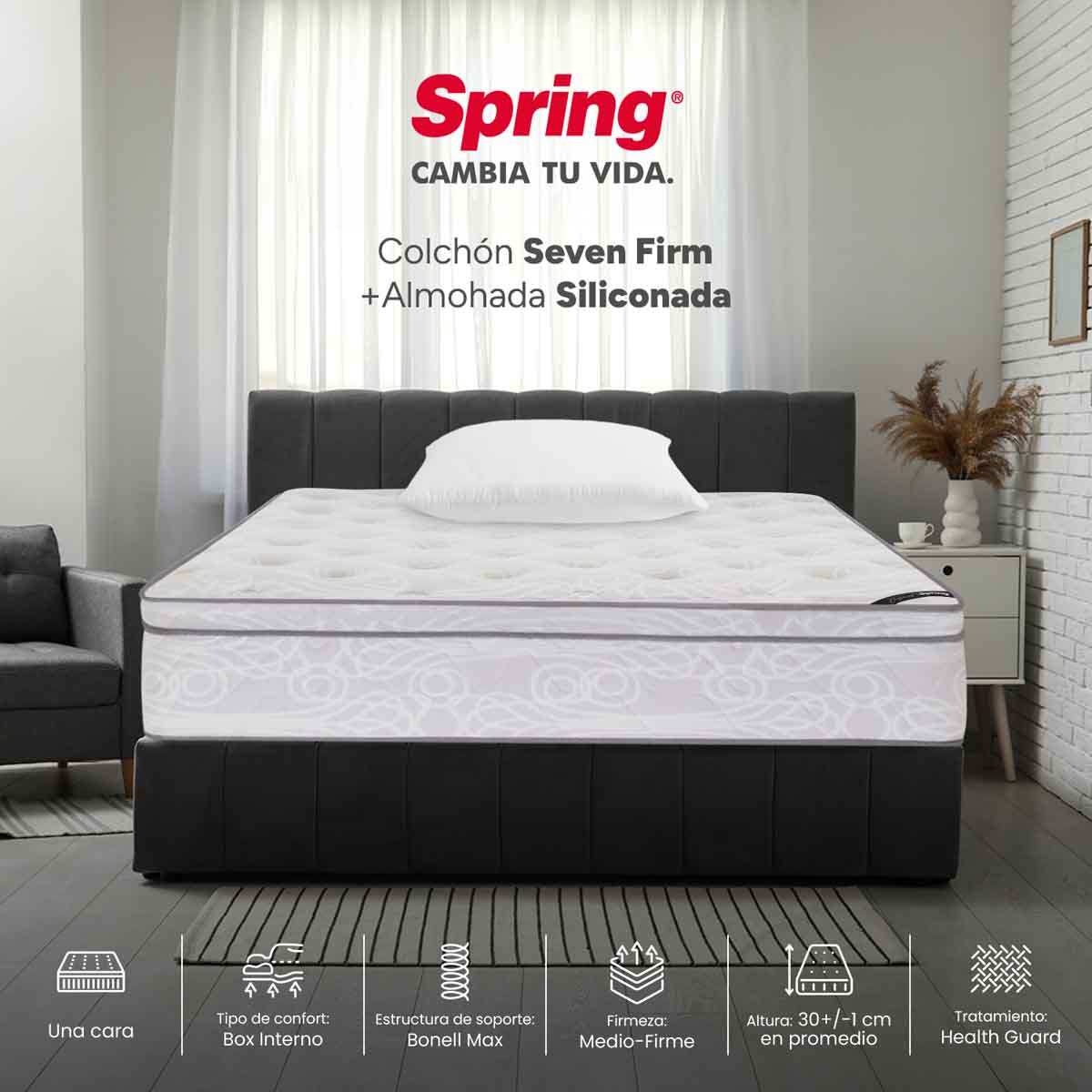 Combo colchón spring  seven firm doble 140x190 cm +  set almohada siliconada