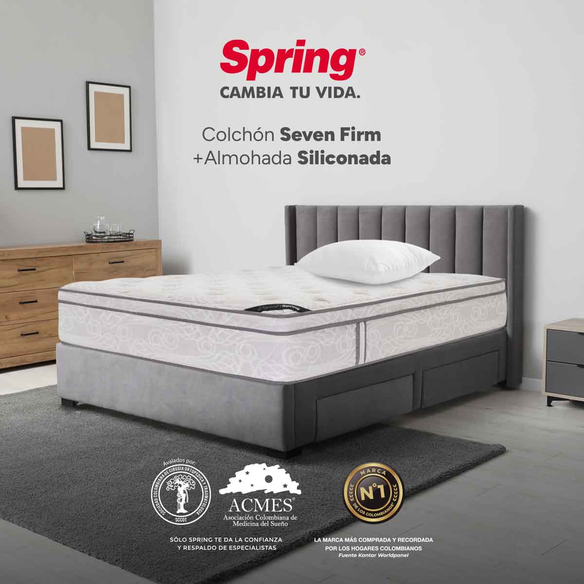 Combo colchón spring  seven firm doble 140x190 cm +  set almohada siliconada