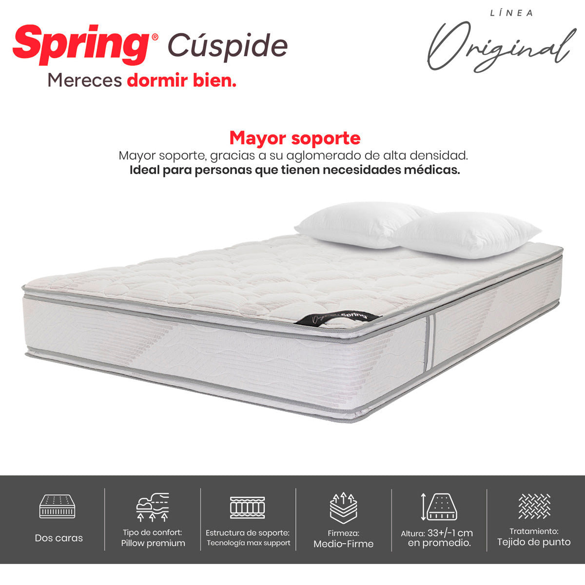 Combo colchón spring  cuspide-queen 160x190 cm +  set almohada siliconada