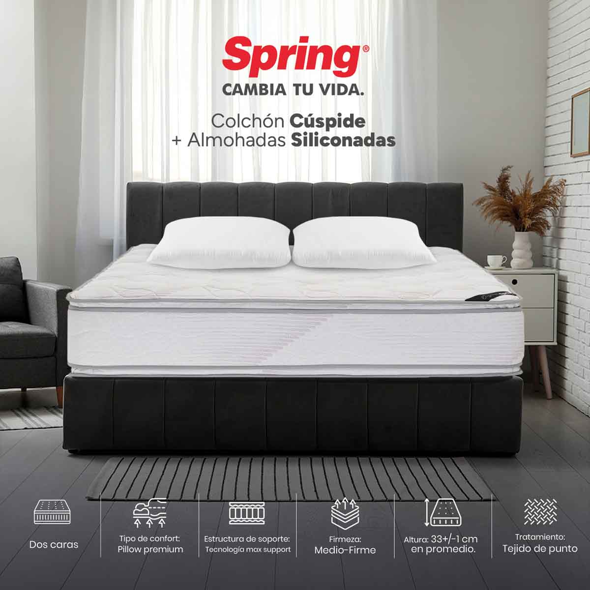 Combo colchón spring  cuspide-queen 160x190 cm +  set almohada siliconada