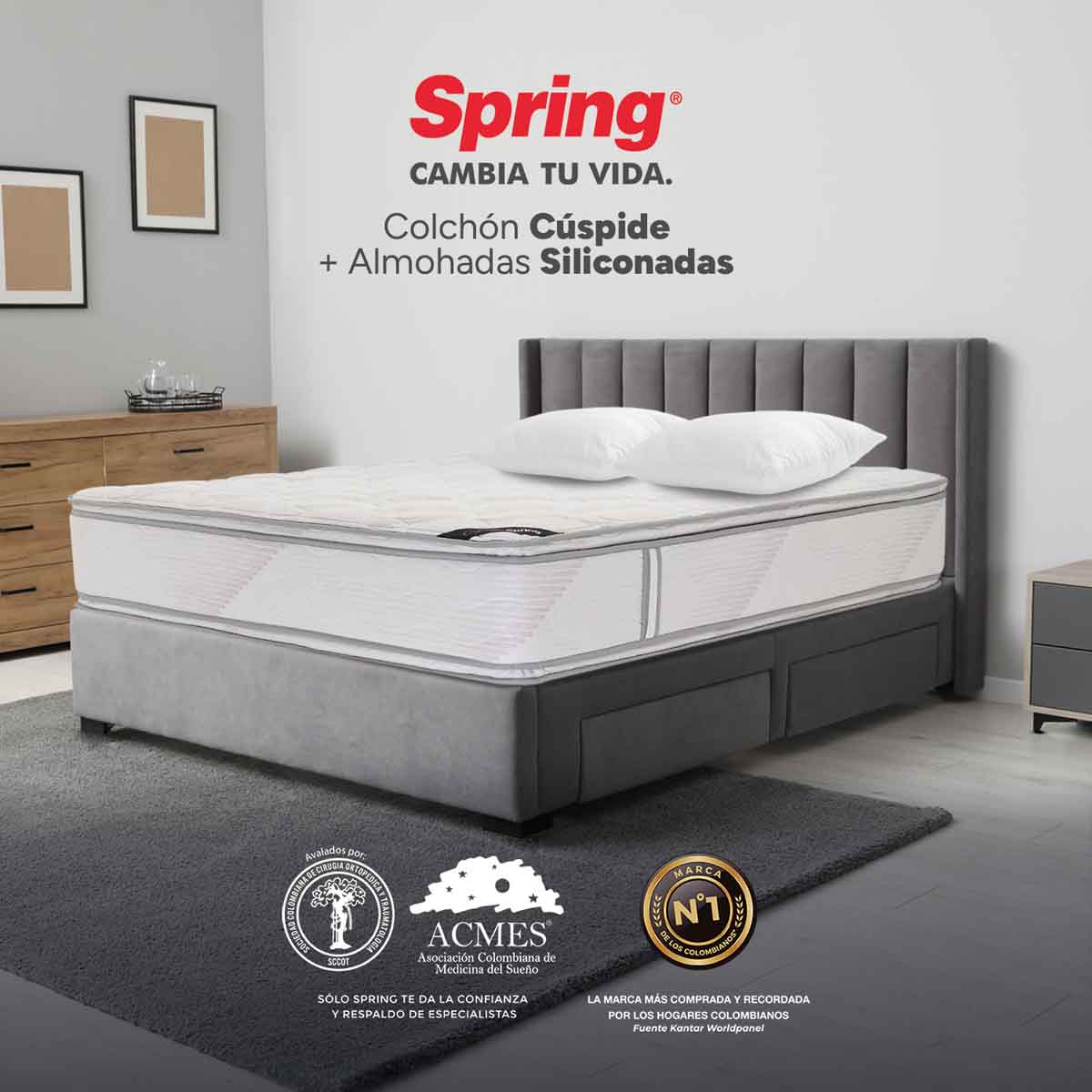 Combo colchón spring  cuspide-queen 160x190 cm +  set almohada siliconada