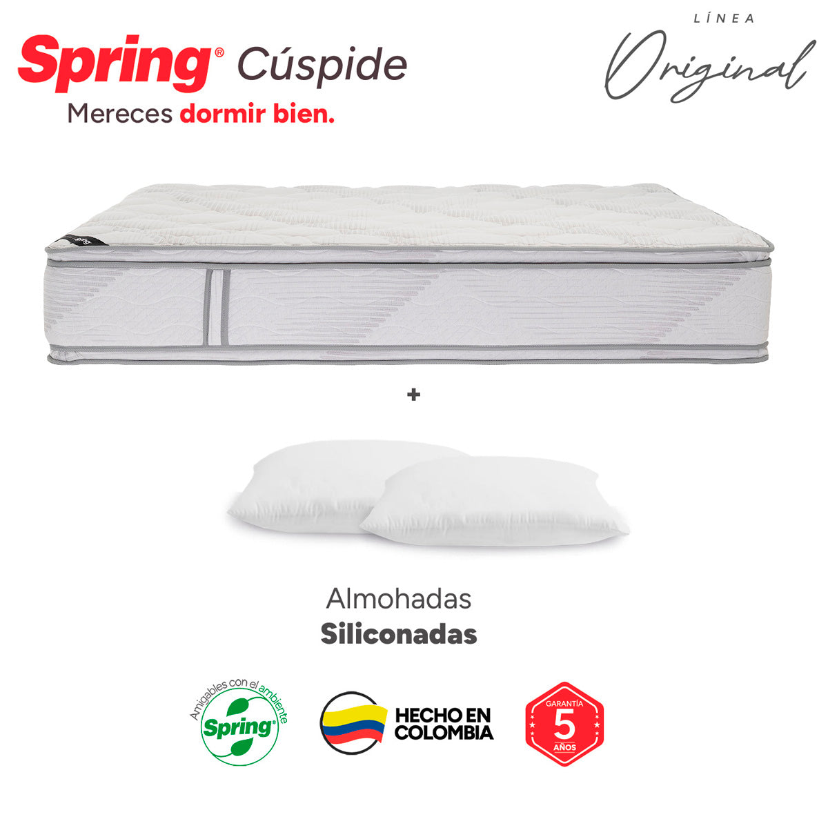 Combo colchón spring  cuspide-queen 160x190 cm +  set almohada siliconada