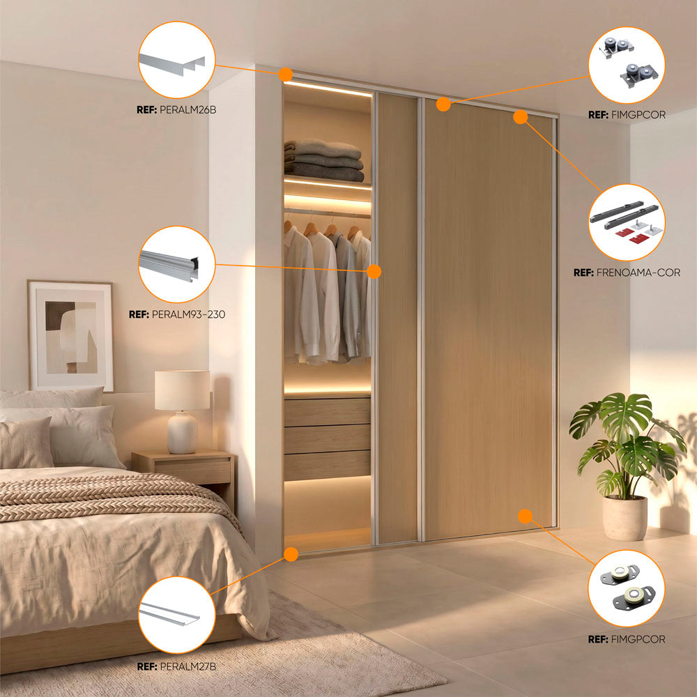Guía de perfiles y rodamientos recomendados para Kit de rodamientos sistema corredizo Cordobesa para puerta de clóset