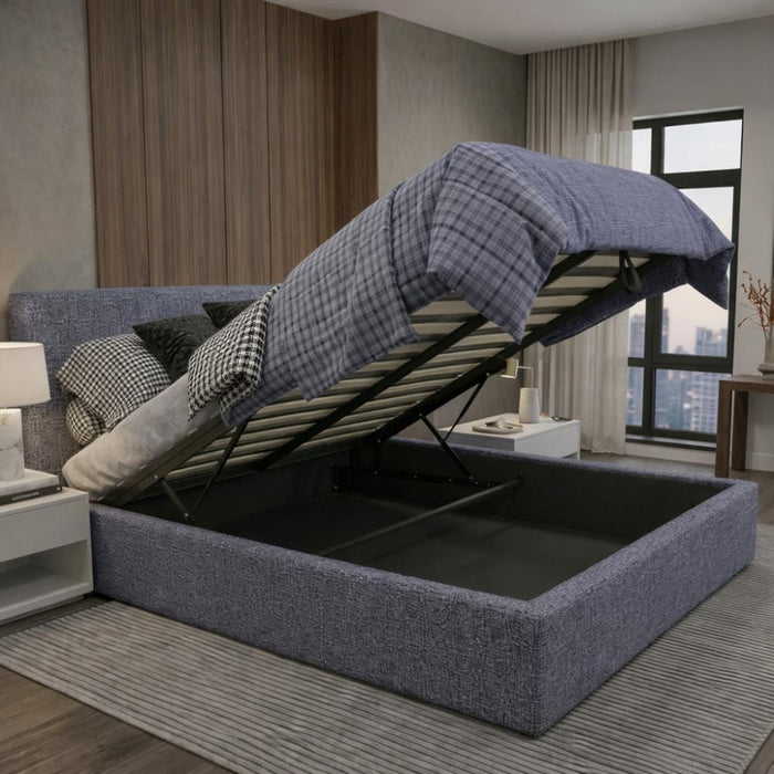 Cama Mecy Lift 120, Gris Oscuro, Tapizada, con Almacenamiento Hidráulico