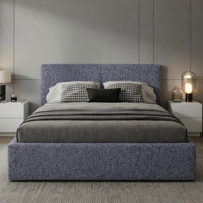 Cama Mecy Lift 120, Gris Oscuro, Tapizada, con Almacenamiento Hidráulico