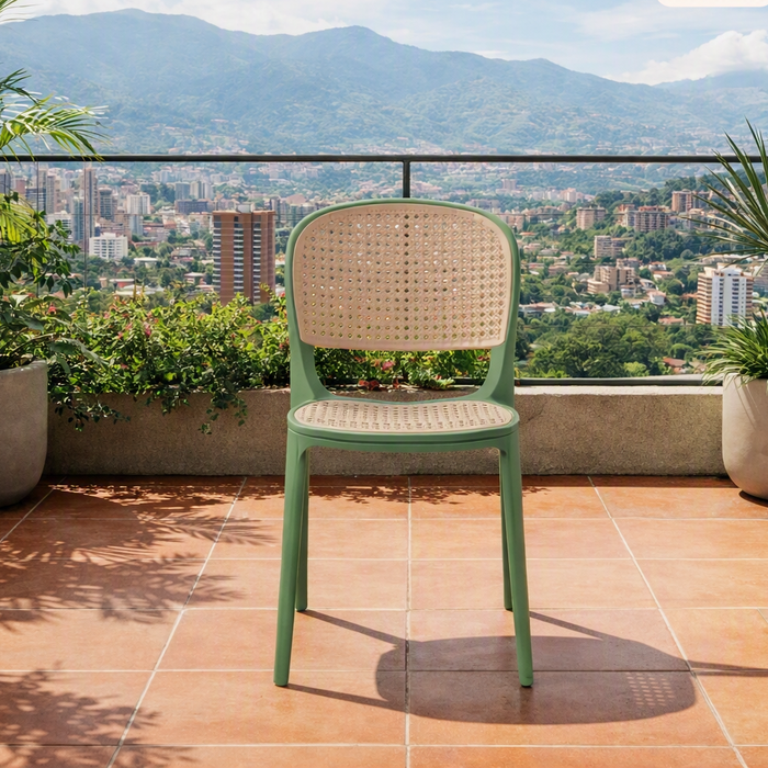 Silla Nest, Verde Olivo y Beige, con Espaldar y Asiento en Rejilla