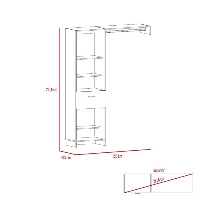 Closet Delhi 150, Blanco Nevado,Con Tres Entrepaños y Un Tubo Para Colgar Ropa