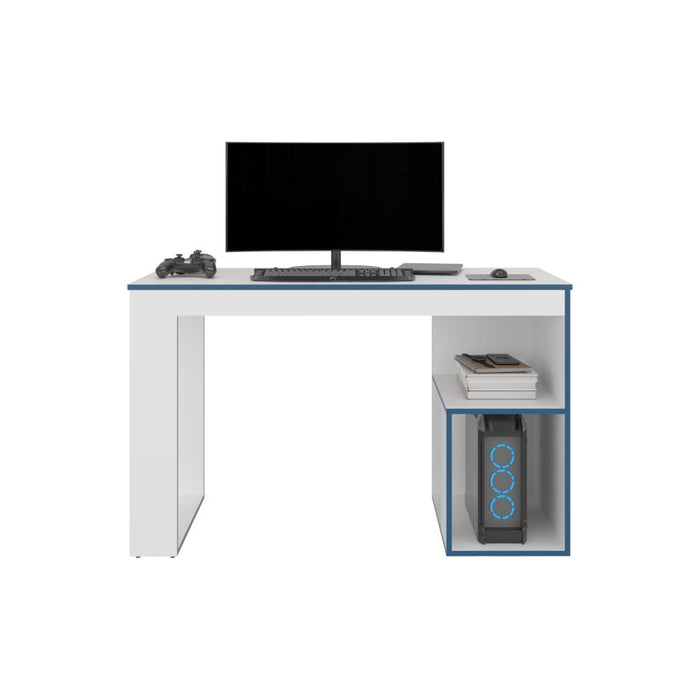Escritorio Gamer Astana, Blanco Duqueza y Azul, con dos entrepaños y amplia superficie