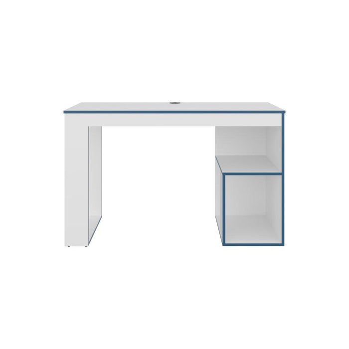 Escritorio Gamer Astana, Blanco Duqueza y Azul, con dos entrepaños y amplia superficie
