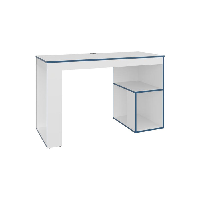 Escritorio Gamer Astana, Blanco Duqueza y Azul, con dos entrepaños y amplia superficie