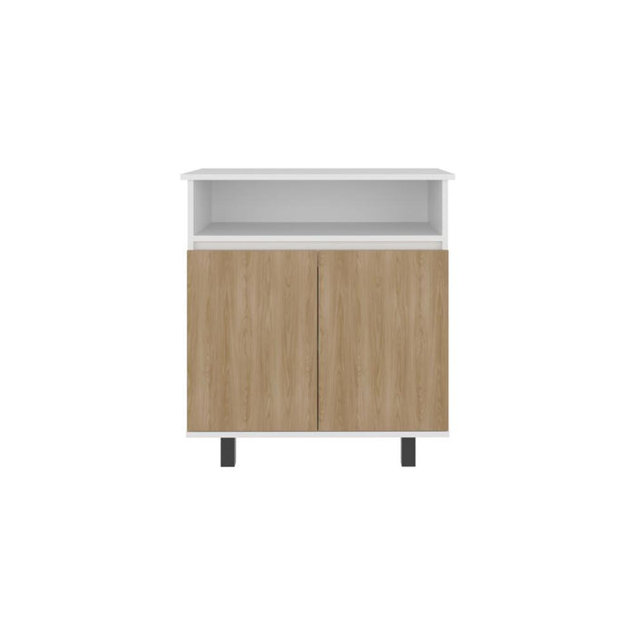 Mesa Auxiliar de Cocina Lona, Blanco Duqueza y Fresno Europeo, con 2 puertas abatibles y espacio para microondas