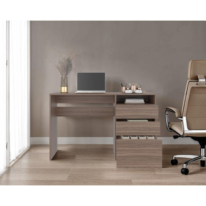 Escritorio Venus, Avellana, con Dos Cajones Multiusos y Un Cajón Archivador Adicional