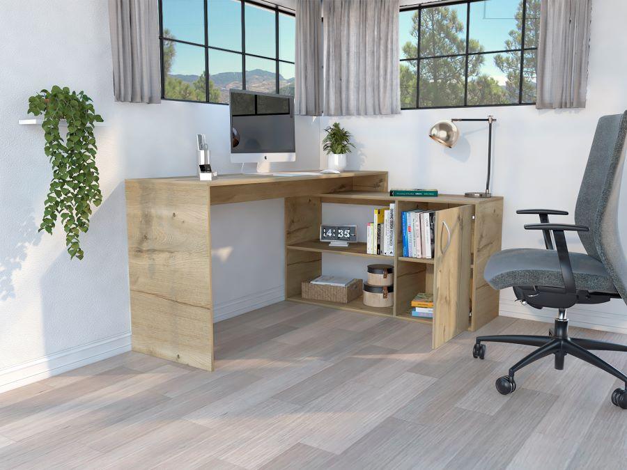 Escritorio En L Axis, Fresno Europeo, con amplio espacio de trabajo