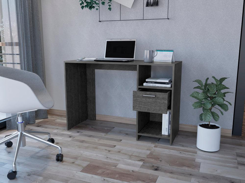 Escritorio Malasia, Gris, con Un Cajón Archivador y Dos Entrepaños