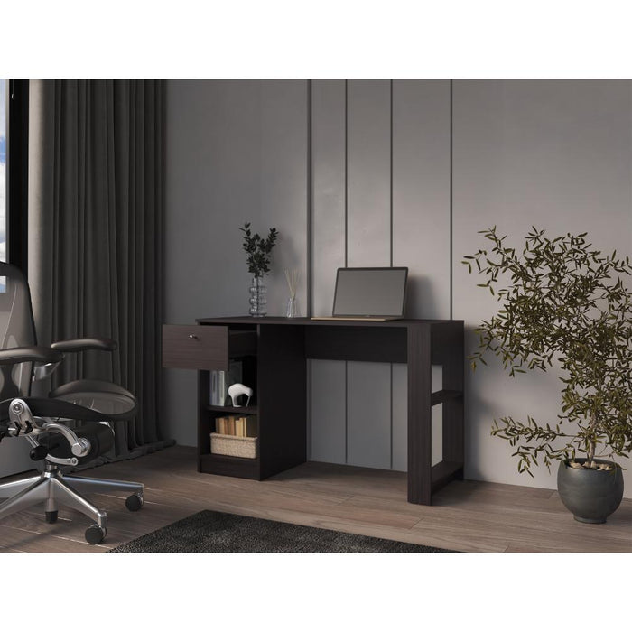 Escritorio Esmery, Wengue, con un cajón y facil armado