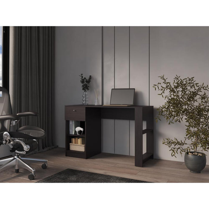 Escritorio Esmery, Wengue, con un cajón y facil armado