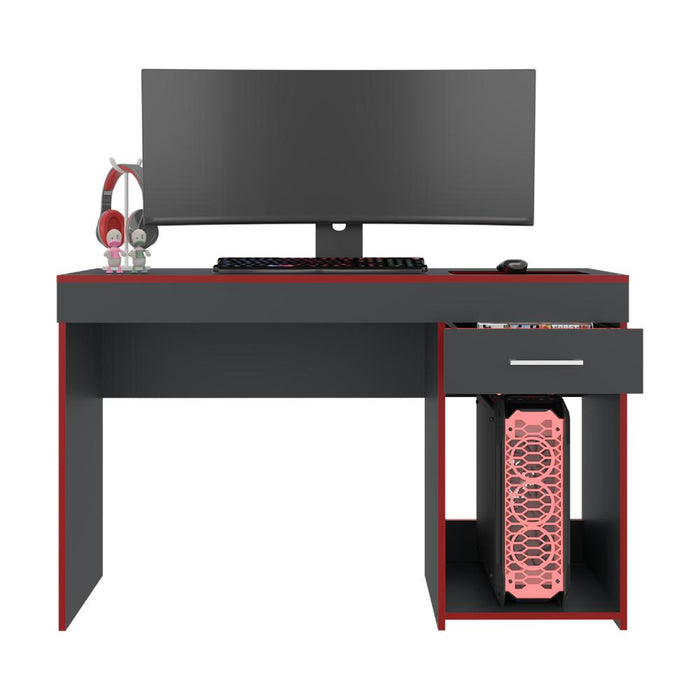 Escritorio Gamer Hazel, Plata Oscuro y Rojo, con Un Entrepaño y Dos Cajones