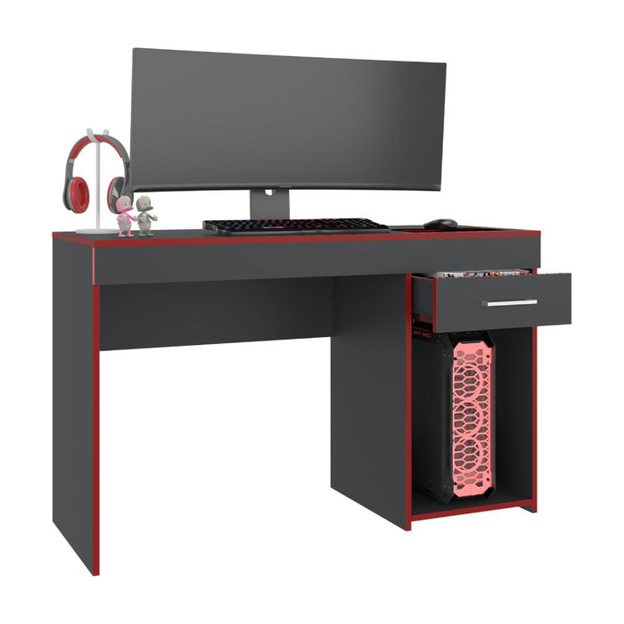 Escritorio Gamer Hazel, Plata Oscuro y Rojo, con Un Entrepaño y Dos Cajones
