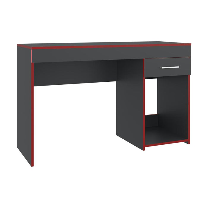 Escritorio Gamer Hazel, Plata Oscuro y Rojo, con Un Entrepaño y Dos Cajones