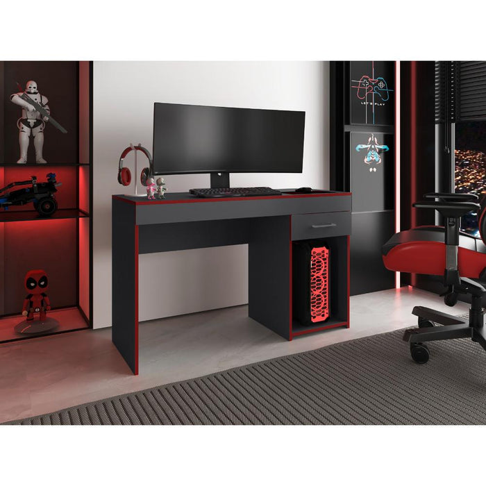 Escritorio Gamer Hazel, Plata Oscuro y Rojo, con Un Entrepaño y Dos Cajones