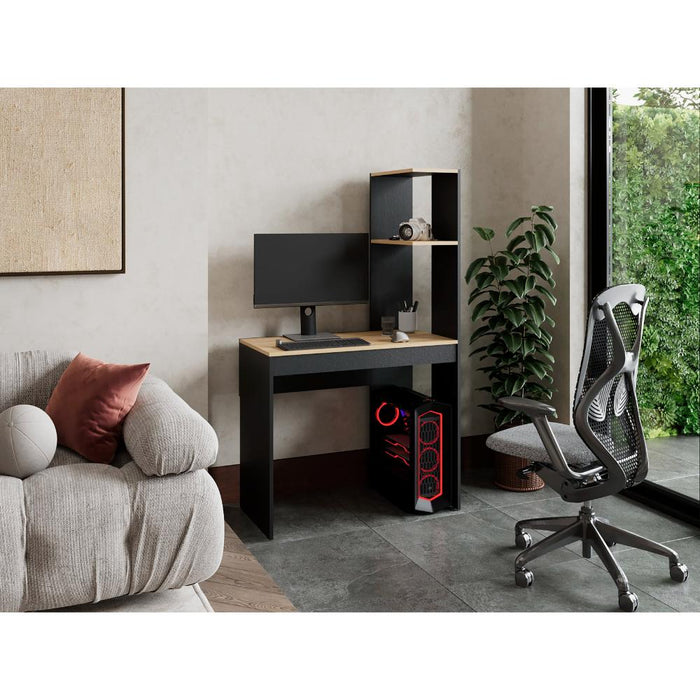 Escritorio Delph, Fresno Europeo y Wengue, con espacio derecho para ubicar objetos decorativos