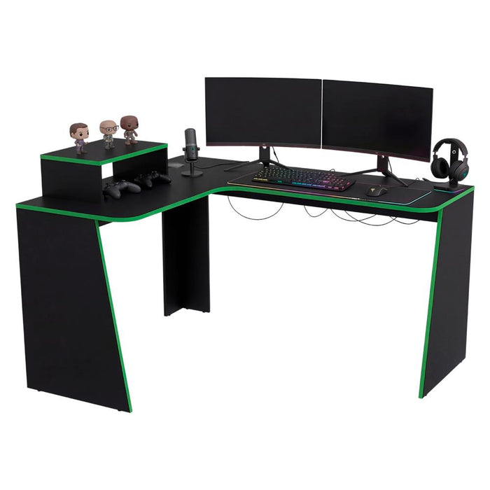 Escritorio Gamer en L Toki, Verde y Wengue, con Amplio Espacio para PC